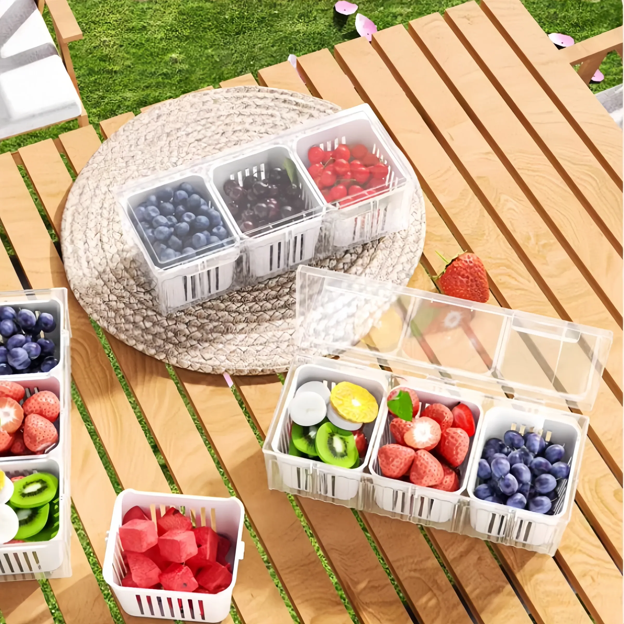 Ensemble de rangement pour réfrigérateur avec couvercle, boîte de conservation alimentaire à 3 compartiments carrés transparents amovibles 2