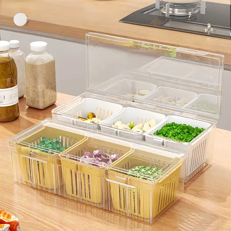 Ensemble de rangement pour réfrigérateur avec couvercle, boîte de conservation alimentaire à 3 compartiments carrés transparents amovibles 4