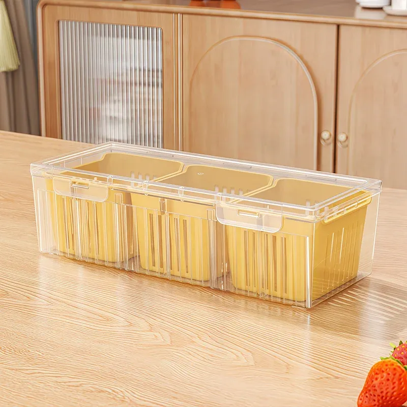 Ensemble de rangement pour réfrigérateur avec couvercle, boîte de conservation alimentaire à 3 compartiments carrés transparents amovibles 7