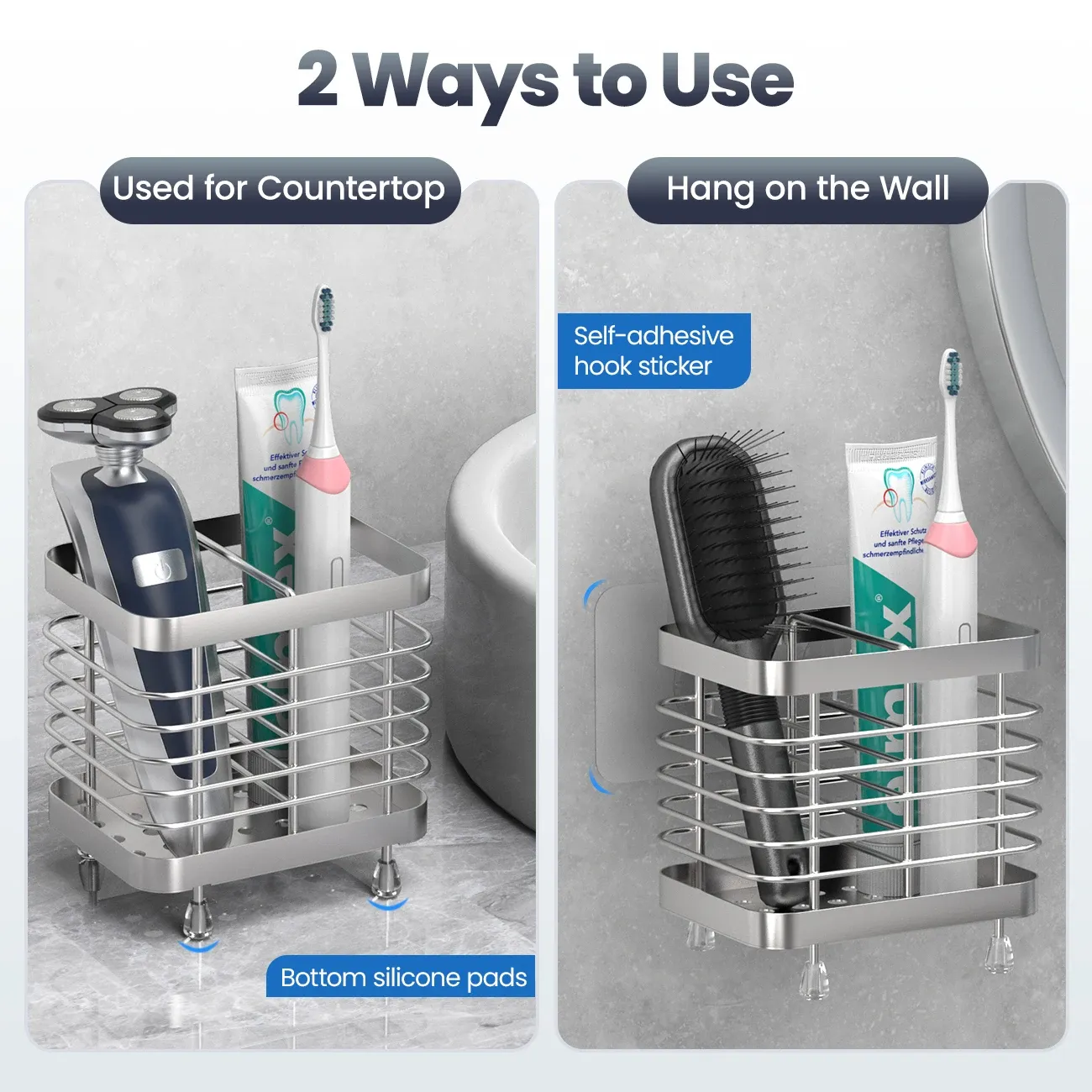 Support mural pour brosses à dents en acier inoxydable, rangement pour brosses à dents électriques et dentifrice pour salle de bain et douche 2