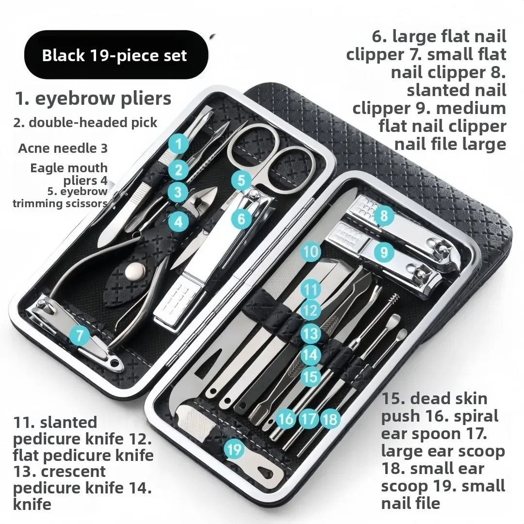 Ensemble de 19 pièces de coupe-ongles en acier inoxydable avec coupe-ongles diagonal, outils de pédicure, cure-oreilles et cuillères 7