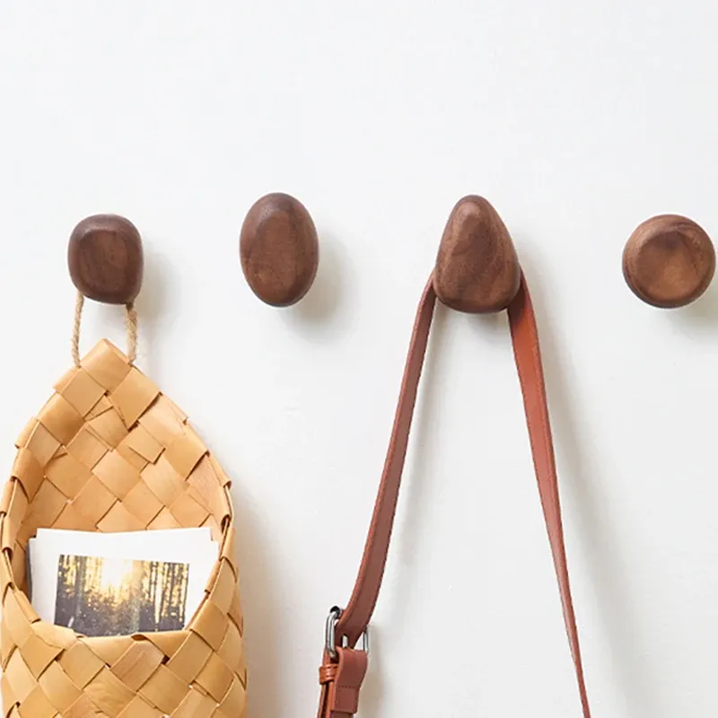 Crochet mural scandinave en bois massif pour vêtements et manteaux, poignée de porte en forme de galet - Image 1