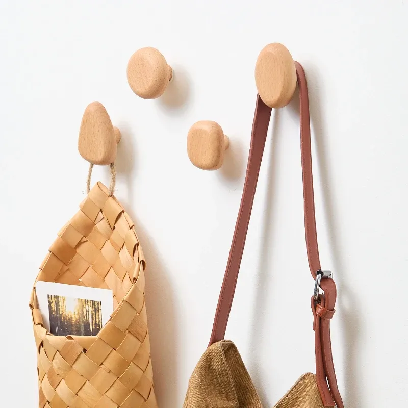 Crochet mural scandinave en bois massif pour vêtements et manteaux, poignée de porte en forme de galet 4