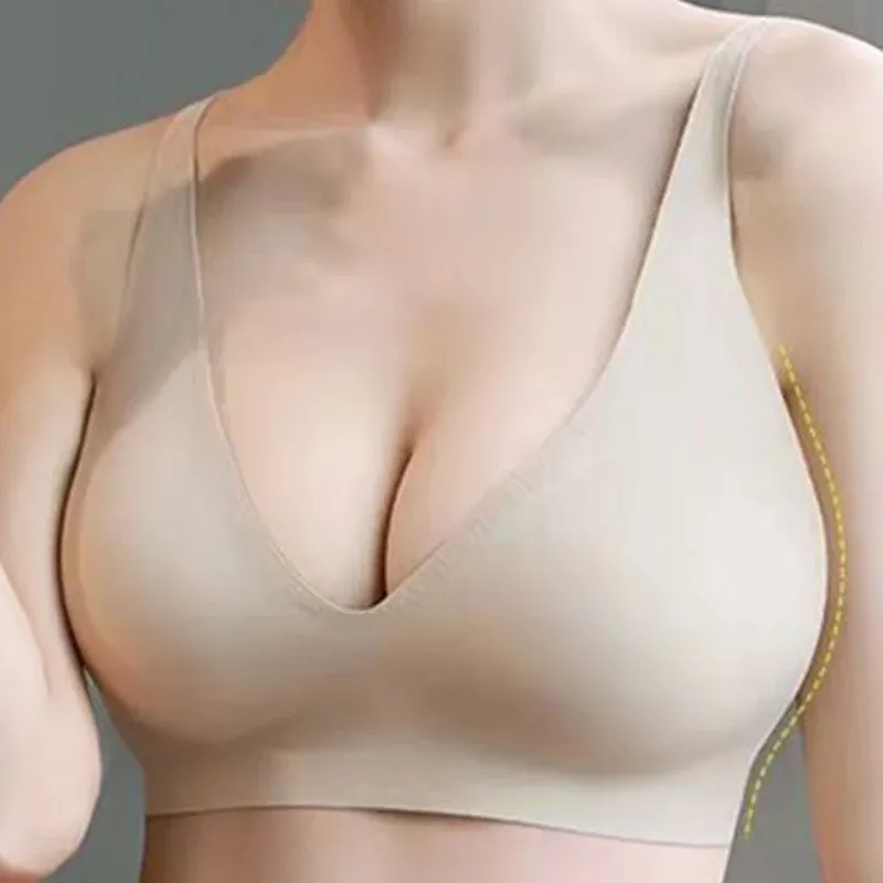 Soutien-gorge sans couture pour femme à col en V, sans armatures, effet push-up et bretelles réglables