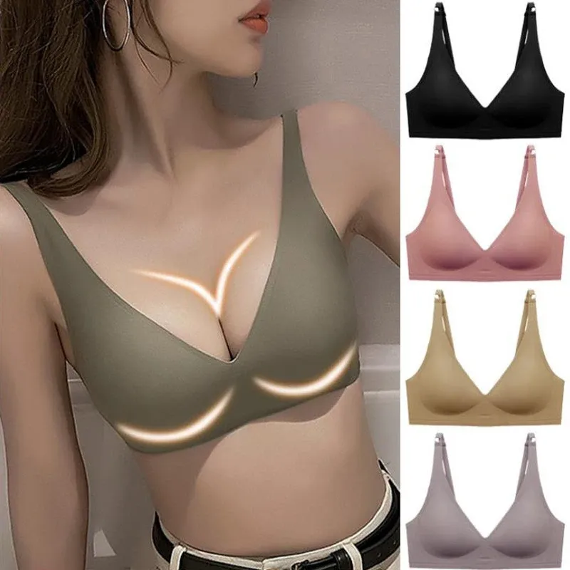 Soutien-gorge sans couture pour femme à col en V, sans armatures, effet push-up et bretelles réglables 3