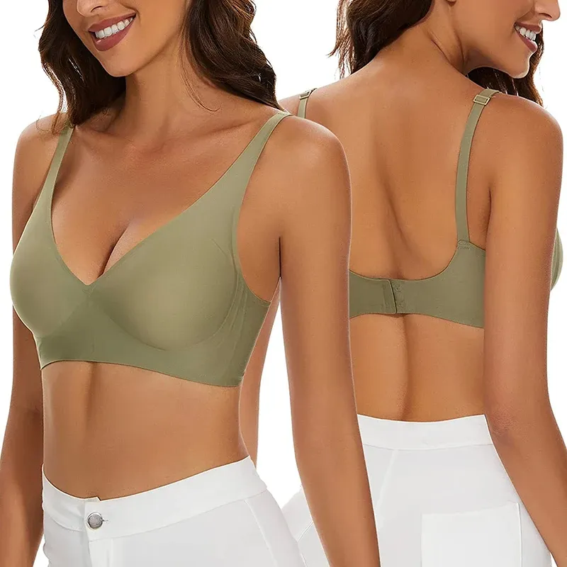 Soutien-gorge sans couture pour femme à col en V, sans armatures, effet push-up et bretelles réglables 2