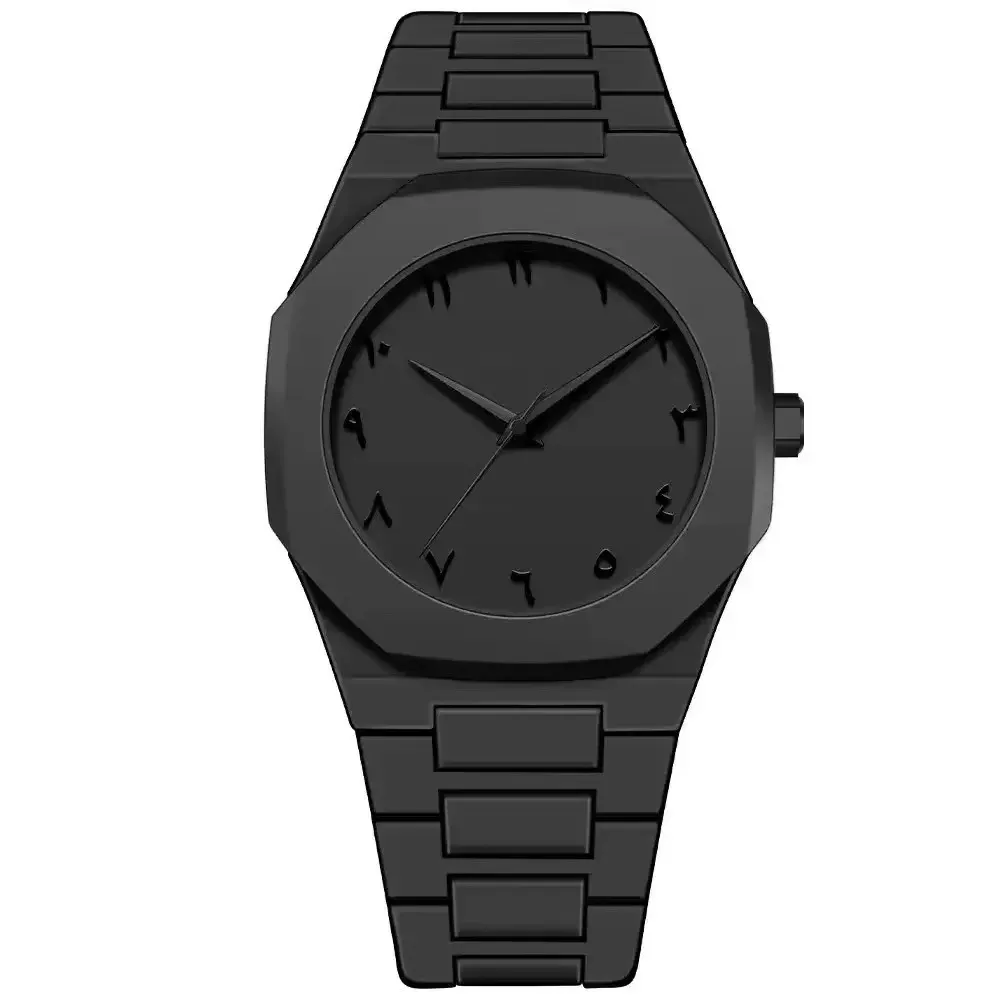 Montre Homme Noire à Quartz à Chiffres Arabes et Bracelet Décontracté Effet Goutte d'Huile