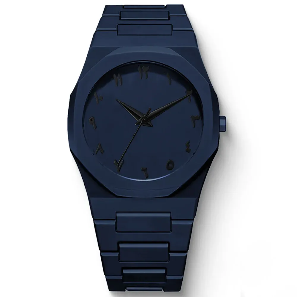 Montre Homme Noire à Quartz à Chiffres Arabes et Bracelet Décontracté Effet Goutte d'Huile 5