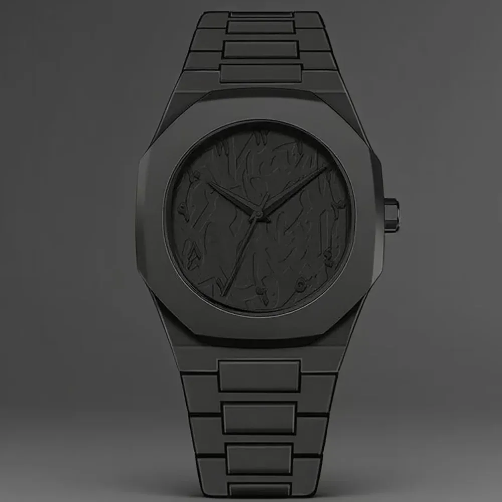 Montre Homme Noire à Quartz à Chiffres Arabes et Bracelet Décontracté Effet Goutte d'Huile 10