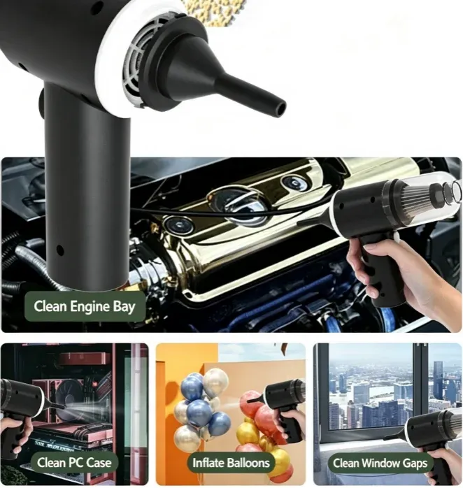 Aspirateur portatif sans fil pour voiture à double fonction (soufflage et aspiration) avec plusieurs embouts, idéal pour la voiture, la maison, les animaux de compagnie et le bureau 2