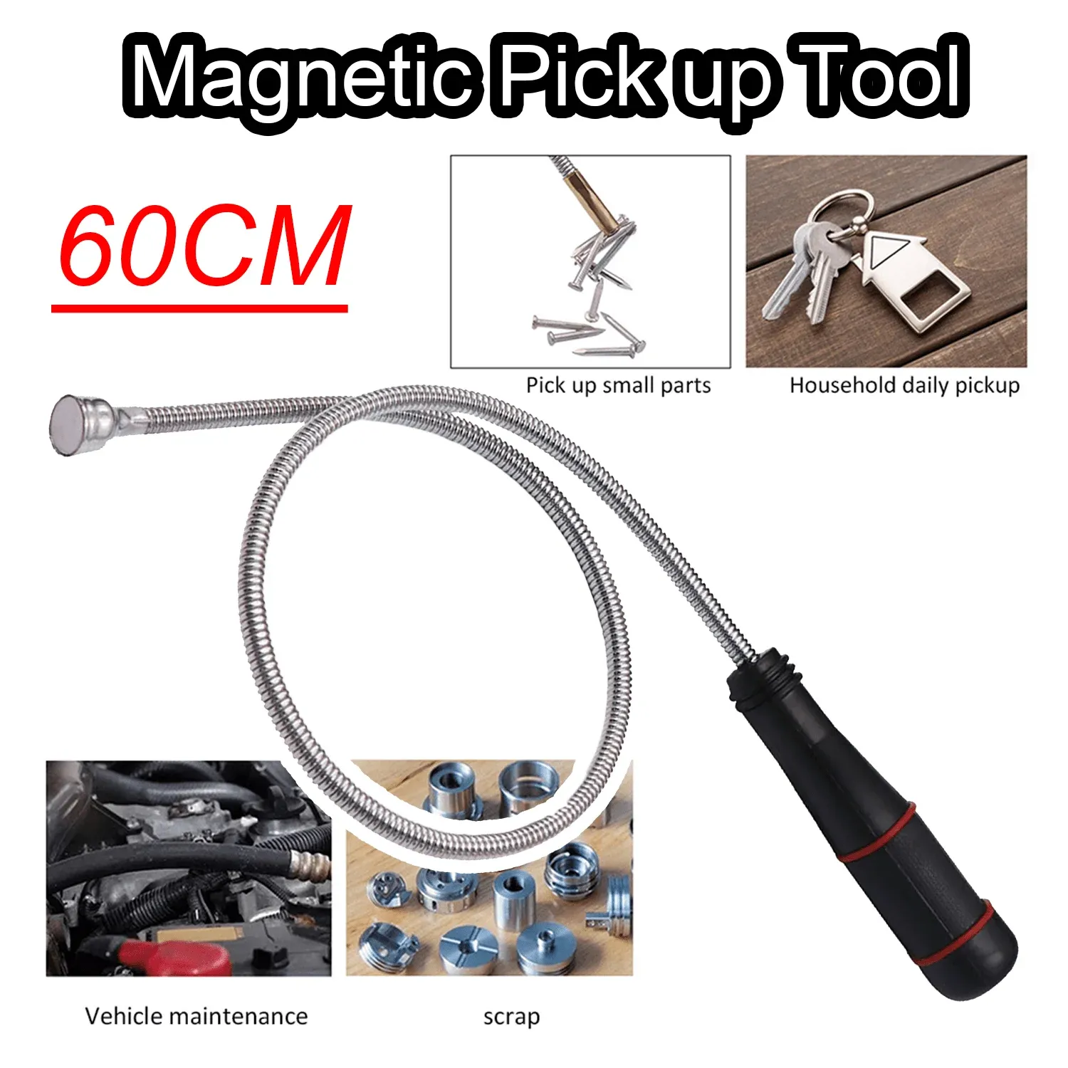 Outil de ramassage magnétique pliable et robuste à ressort pour vis, écrous, clés et débris métalliques - Image 1