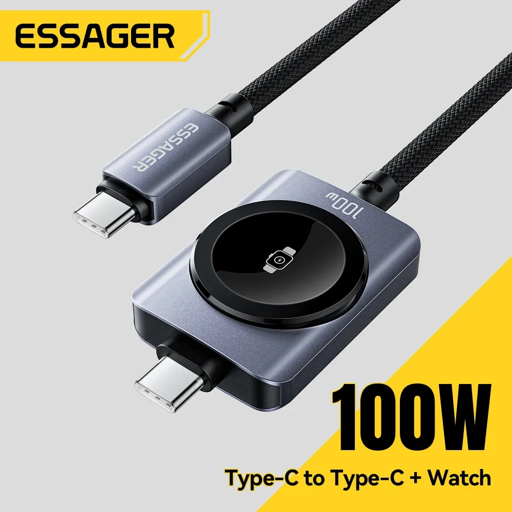 Câble magnétique 2-en-1 Essager 100 W à charge rapide pour iPhone 17/16/15/14 et Apple Watch, câble USB-C vers USB-C pour la recharge de la montre