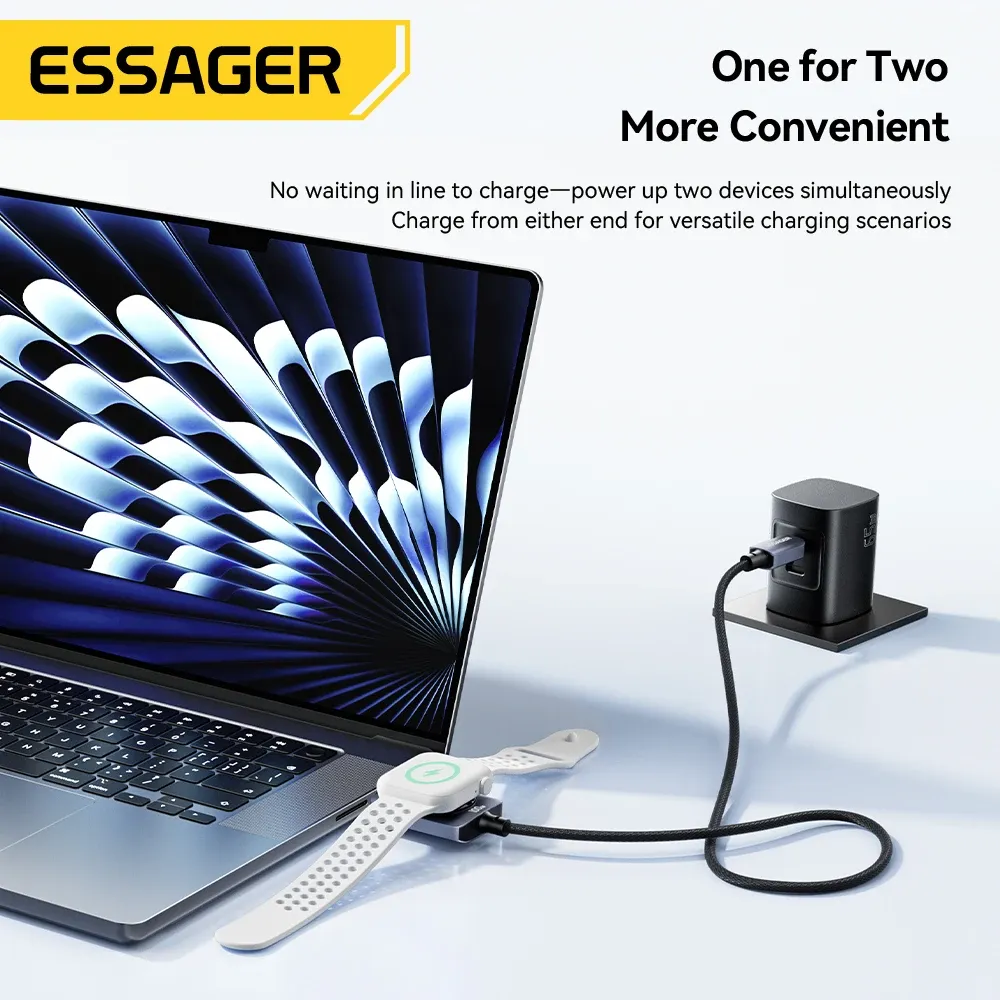 Câble magnétique 2-en-1 Essager 100 W à charge rapide pour iPhone 17/16/15/14 et Apple Watch, câble USB-C vers USB-C pour la recharge de la montre 3