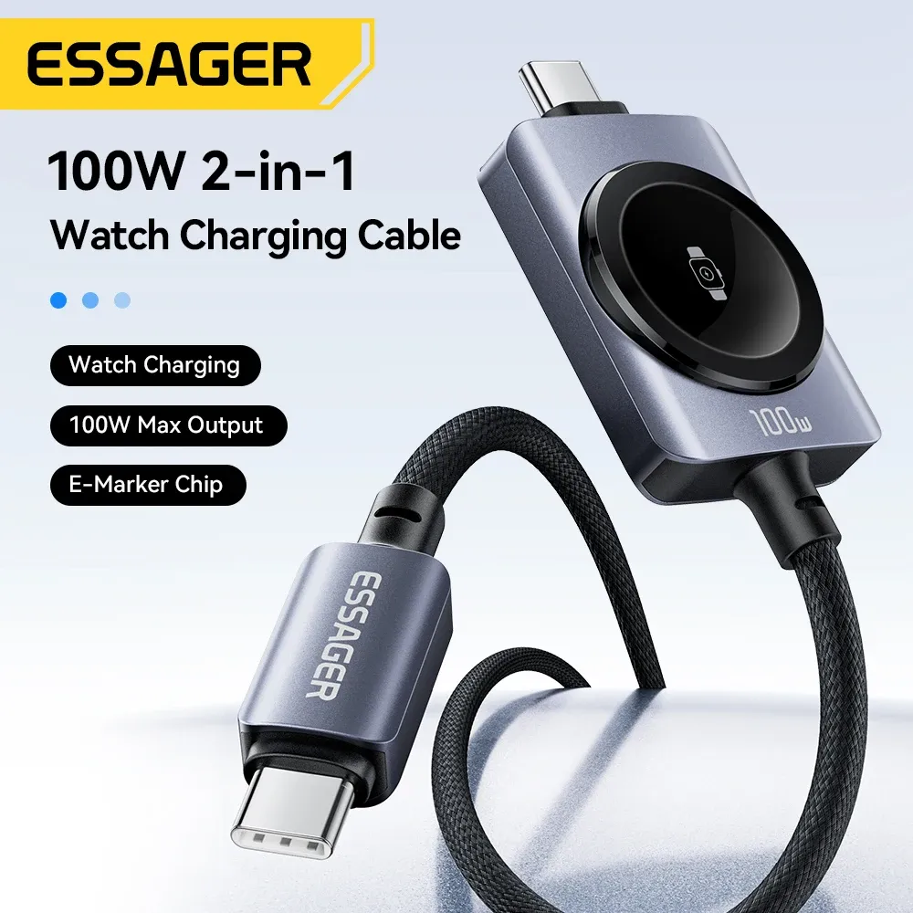 Câble magnétique 2-en-1 Essager 100 W à charge rapide pour iPhone 17/16/15/14 et Apple Watch, câble USB-C vers USB-C pour la recharge de la montre 2