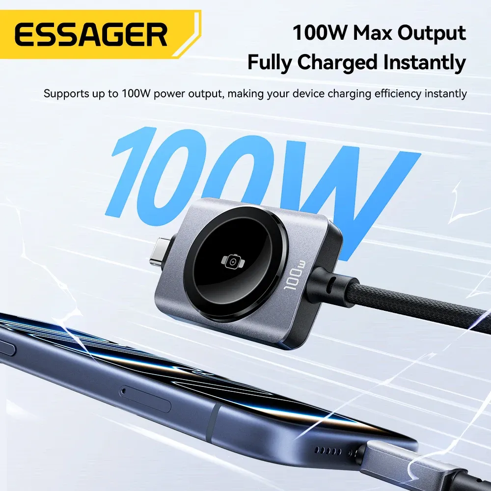Câble magnétique 2-en-1 Essager 100 W à charge rapide pour iPhone 17/16/15/14 et Apple Watch, câble USB-C vers USB-C pour la recharge de la montre 4