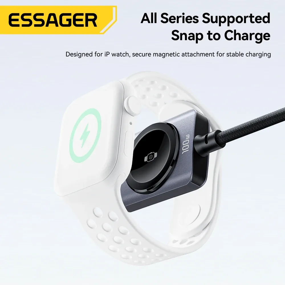 Câble magnétique 2-en-1 Essager 100 W à charge rapide pour iPhone 17/16/15/14 et Apple Watch, câble USB-C vers USB-C pour la recharge de la montre 5