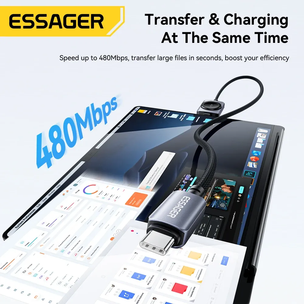 Câble magnétique 2-en-1 Essager 100 W à charge rapide pour iPhone 17/16/15/14 et Apple Watch, câble USB-C vers USB-C pour la recharge de la montre 6