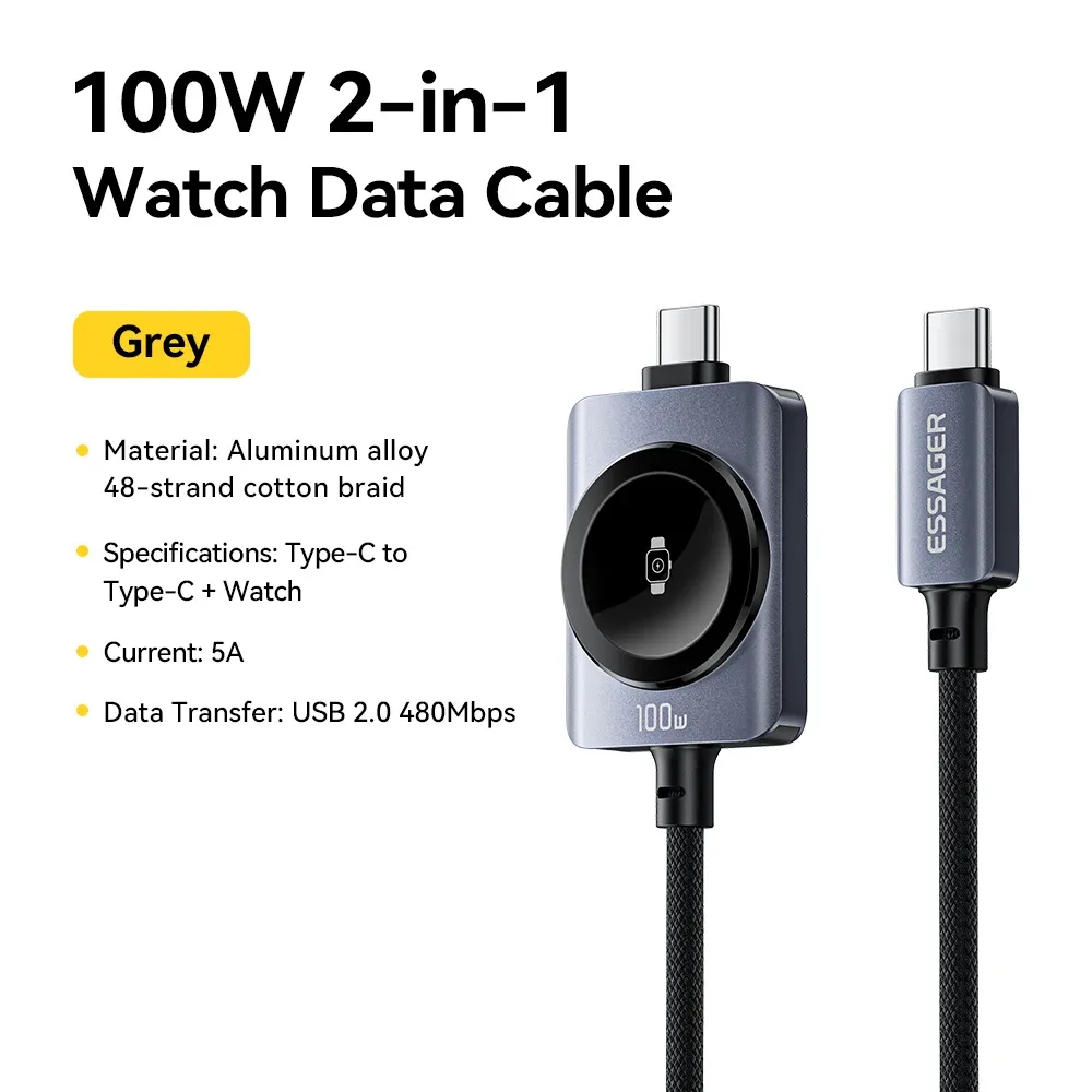 Câble magnétique 2-en-1 Essager 100 W à charge rapide pour iPhone 17/16/15/14 et Apple Watch, câble USB-C vers USB-C pour la recharge de la montre 7