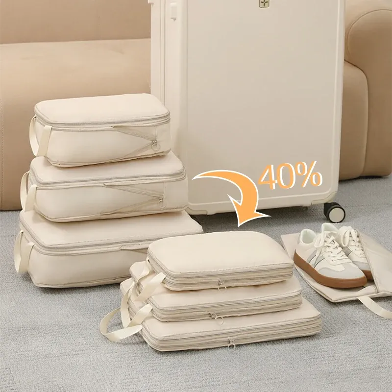 Lot de 4 cubes de rangement de voyage avec pochette à chaussures et sac de compression pour vêtements, sous-vêtements et t-shirts, organisateur de bagages - Image 1