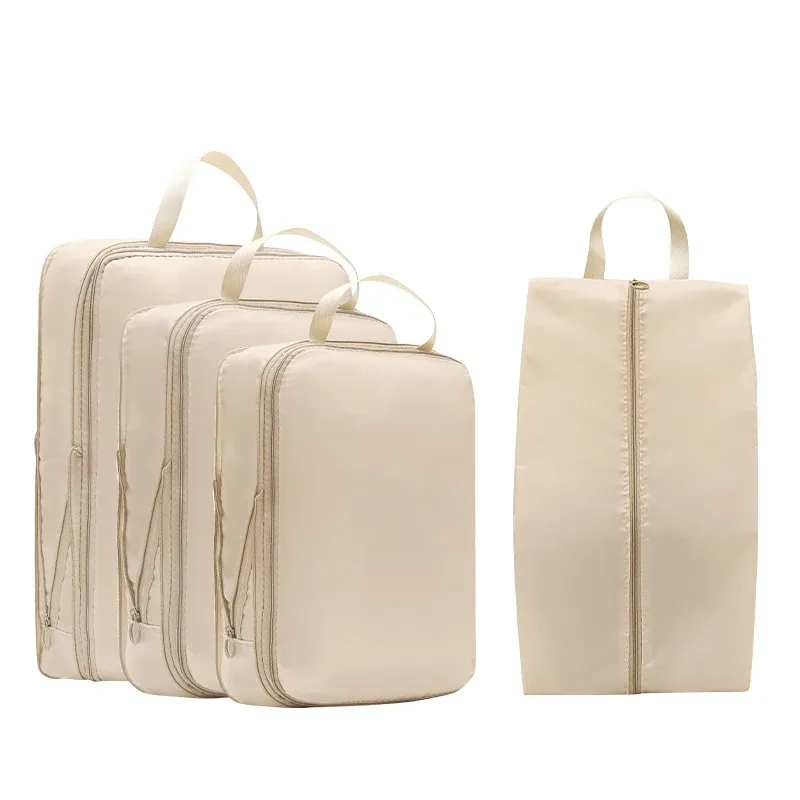 Lot de 4 cubes de rangement de voyage avec pochette à chaussures et sac de compression pour vêtements, sous-vêtements et t-shirts, organisateur de bagages 7