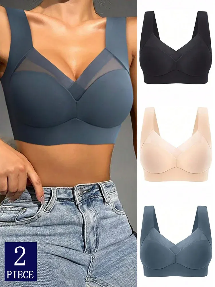 2 pièces soutiens-gorge de sport en dentelle pour femmes, grandes tailles, sans couture, brassière dos nu, gilet sans fil à maintien antichoc, tailles L à 3XL