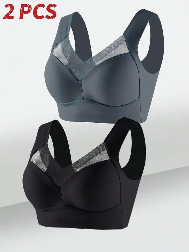 2 pièces soutiens-gorge de sport en dentelle pour femmes, grandes tailles, sans couture, brassière dos nu, gilet sans fil à maintien antichoc, tailles L à 3XL 7