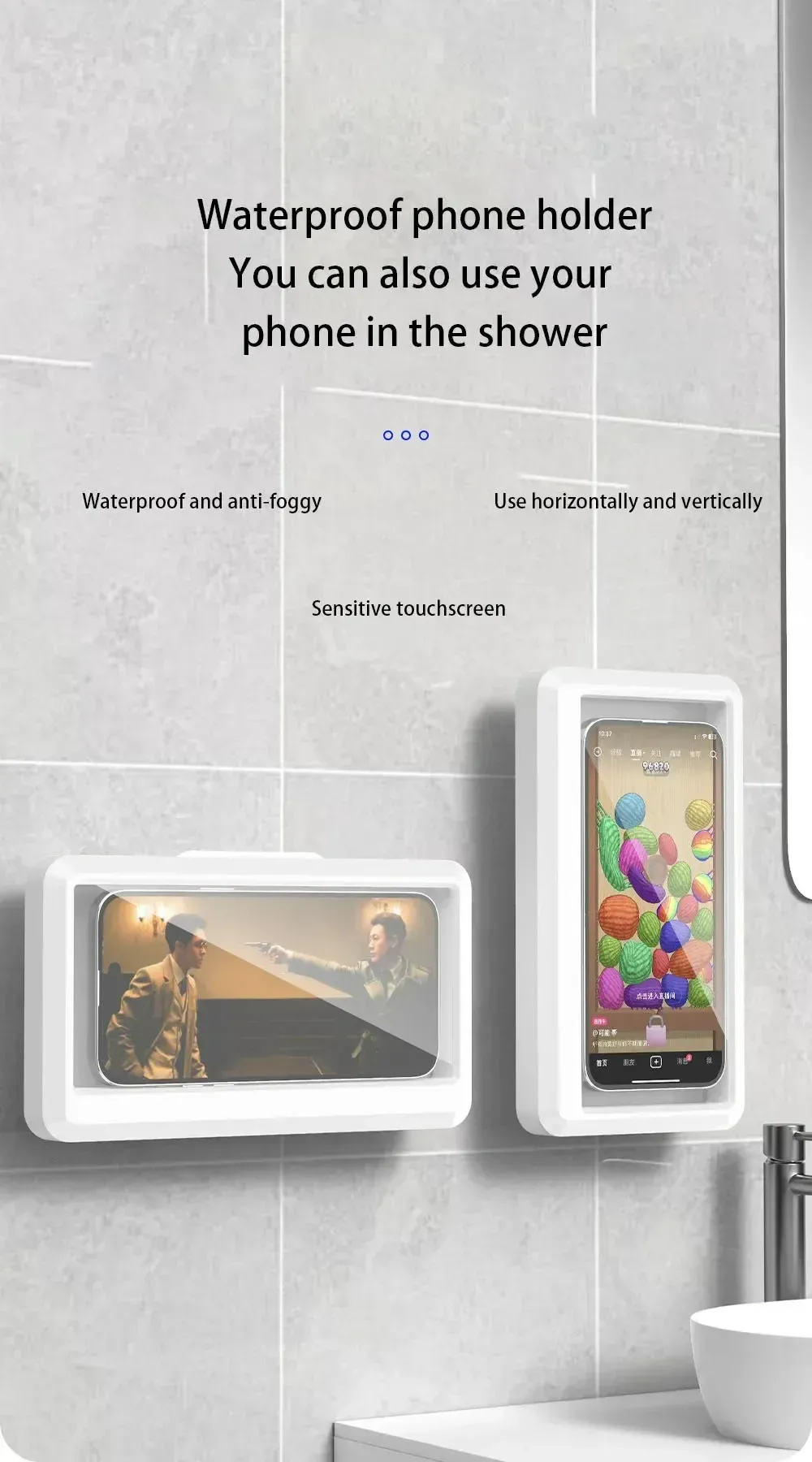 Support de téléphone étanche pour douche installé dans une salle de bain