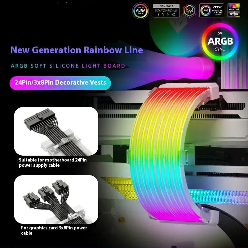 Câble de synchronisation ARGB 5V 3 broches, 8/24 broches, câble d'extension d'alimentation pour carte mère, bande lumineuse LED flexible, kit de bricolage pour alimentation d'ordinateur 2
