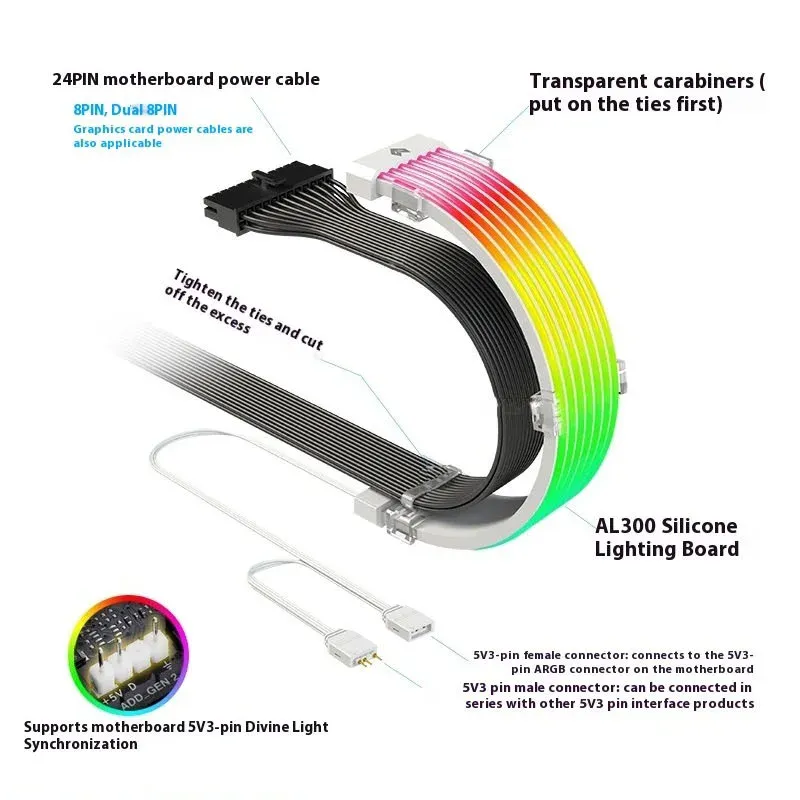 Câble de synchronisation ARGB 5V 3 broches, 8/24 broches, câble d'extension d'alimentation pour carte mère, bande lumineuse LED flexible, kit de bricolage pour alimentation d'ordinateur 5