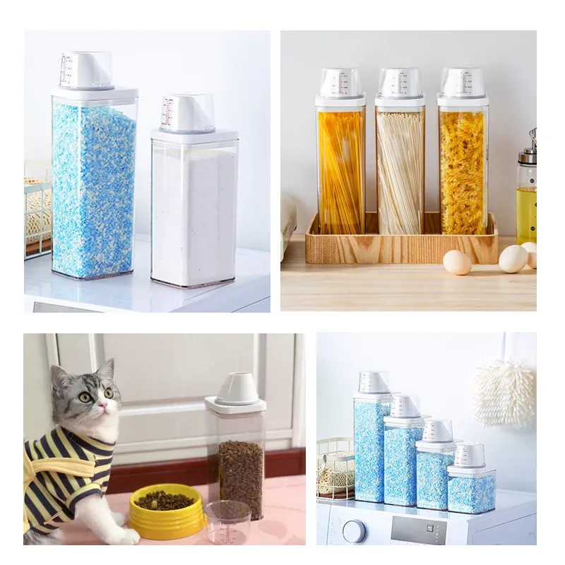 Récipient à lessive avec gobelet doseur, distributeur de poudre à laver, bocal de conservation des aliments, bouteille de rangement hermétique 4