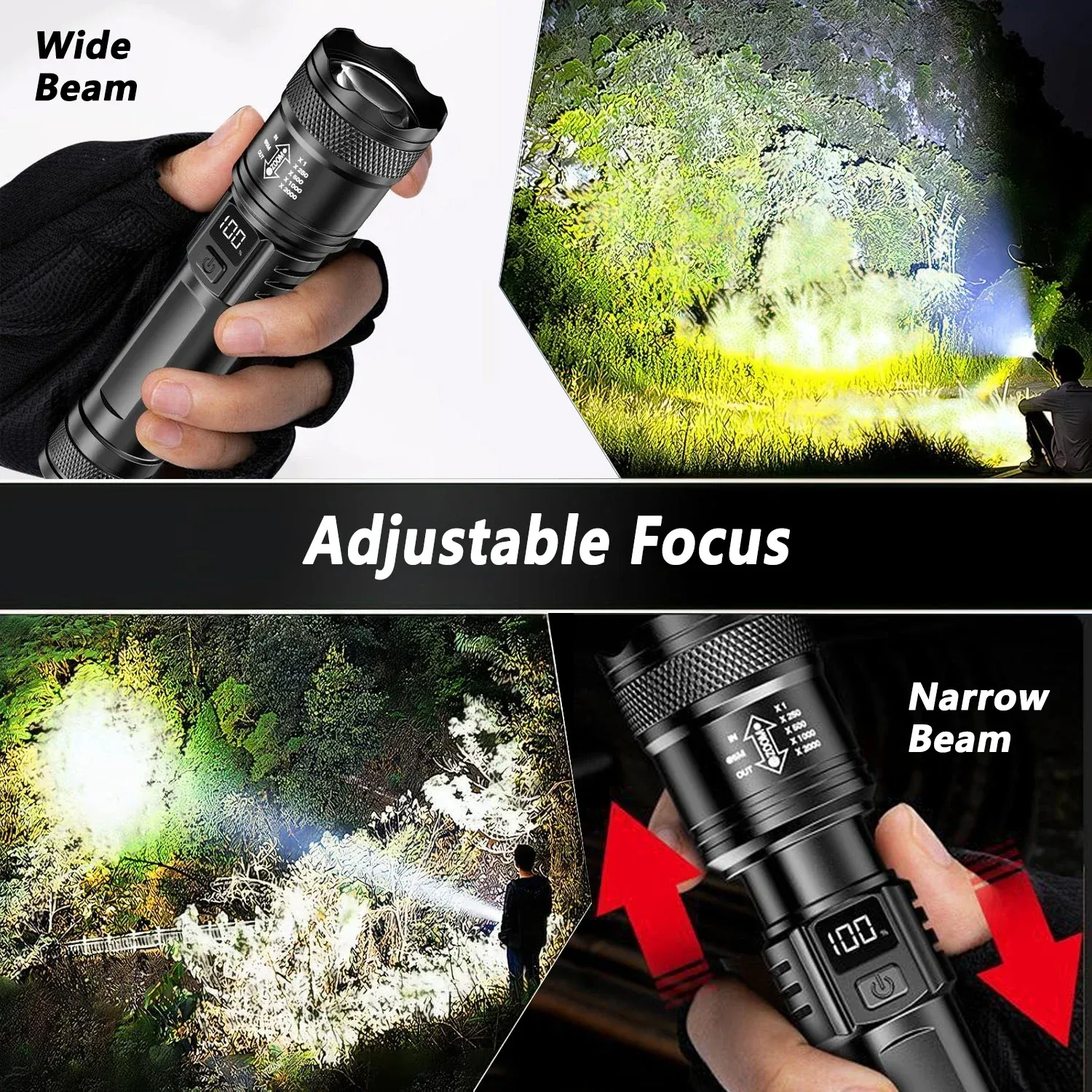Lampe de poche LED rechargeable à zoom avec écran LCD, 3 modes d'éclairage, étanche et haute puissance 2
