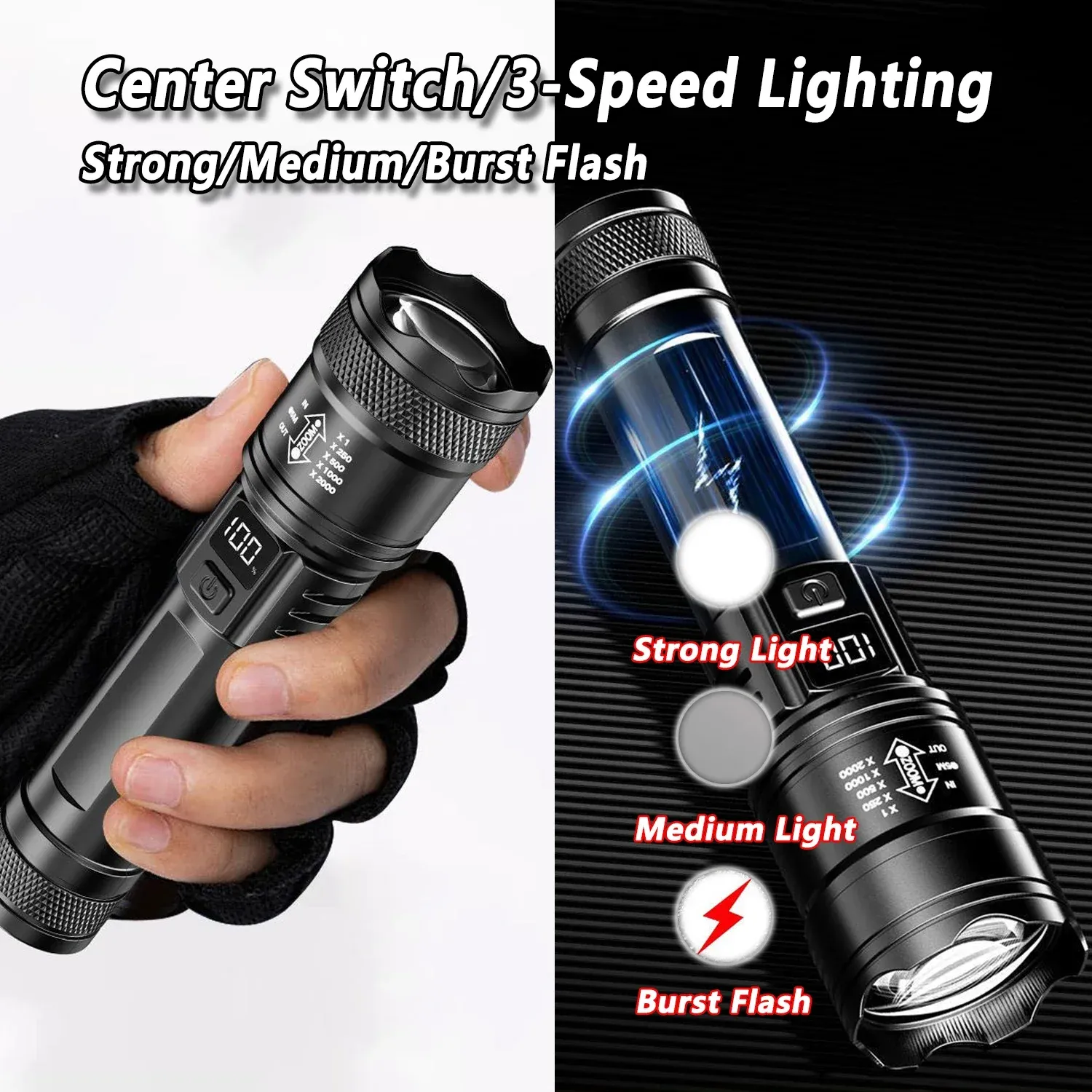 Lampe de poche LED rechargeable à zoom avec écran LCD, 3 modes d'éclairage, étanche et haute puissance 4