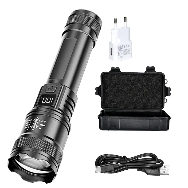 Lampe de poche LED rechargeable à zoom avec écran LCD, 3 modes d'éclairage, étanche et haute puissance 10
