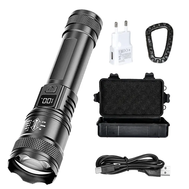 Lampe de poche LED rechargeable à zoom avec écran LCD, 3 modes d'éclairage, étanche et haute puissance 13