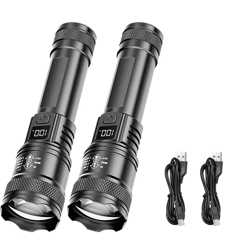 Lampe de poche LED rechargeable à zoom avec écran LCD, 3 modes d'éclairage, étanche et haute puissance 12