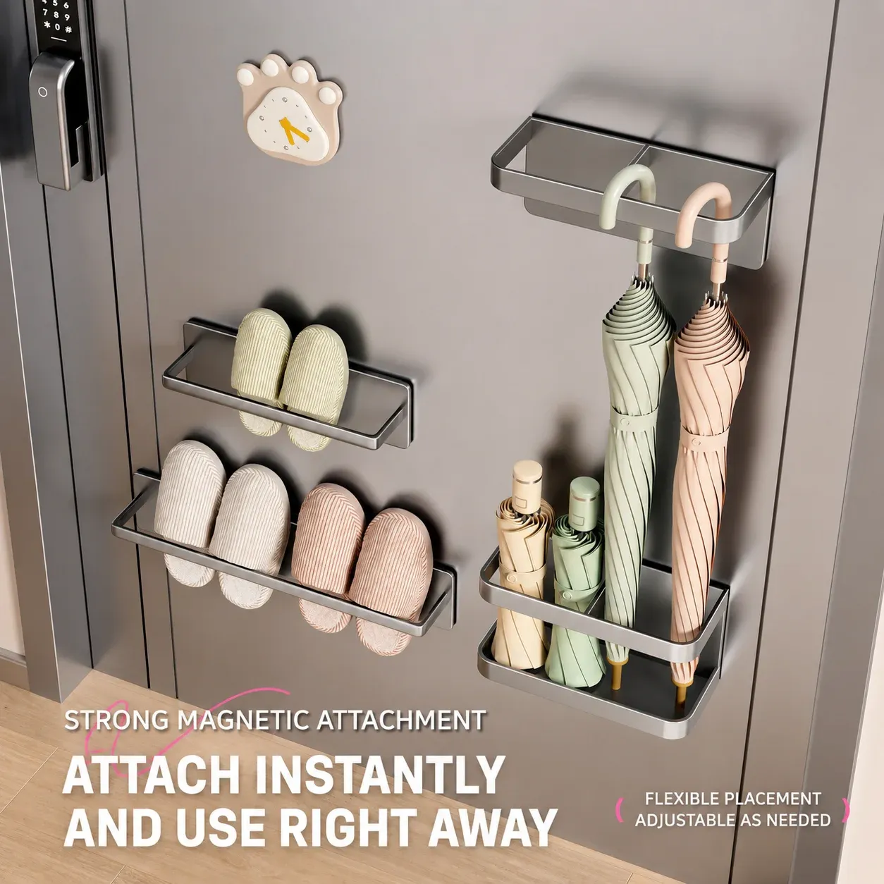 Organisateur magnétique pour porte en acier au carbone, forte adhérence, avec crochets pour clés, vêtements, chaussons et parapluies 5