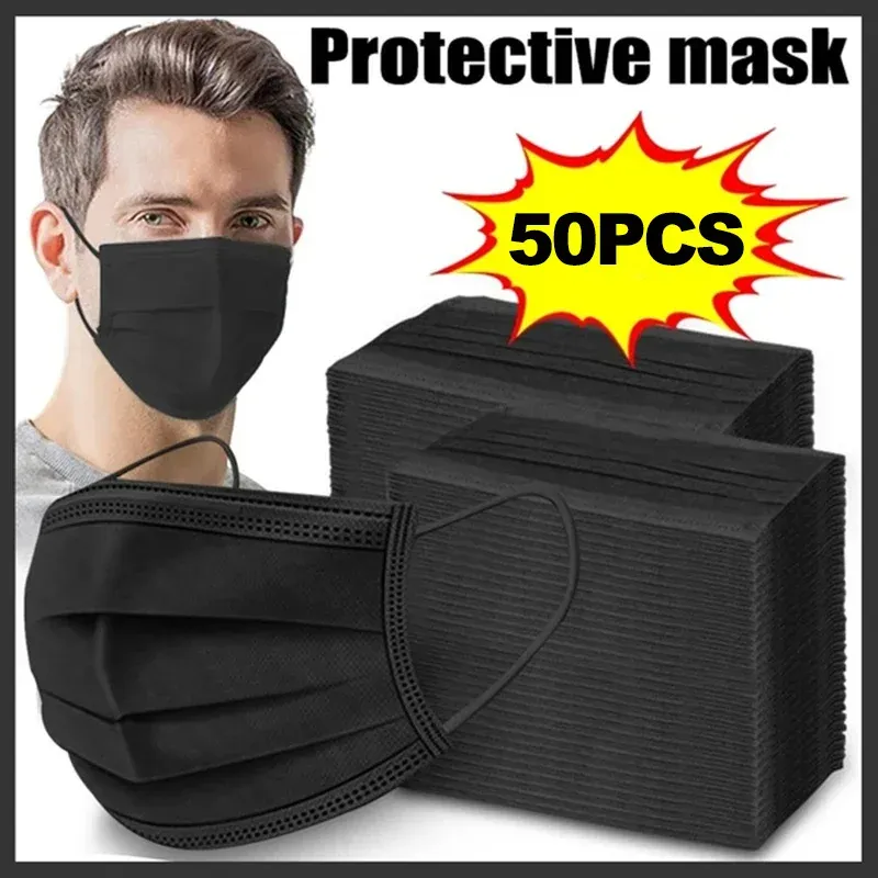 Masque jetable à 3 couches en tissu fondu-soufflé, avec élastiques auriculaires, anti-poussière, noir 2