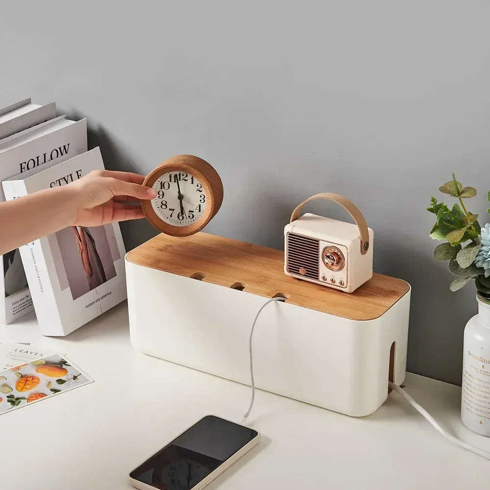 Boîte de gestion des câbles avec couvercle en bambou, boîte de rangement pour boîtier de jonction, dissimulation des fils, organisateur de câbles de bureau 3