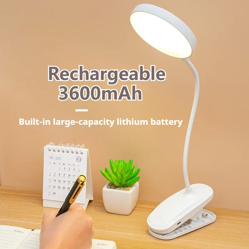Lampe de table LED portable à pince, rechargeable par USB, avec 3 modes de luminosité et commande tactile, idéale pour la lecture au lit et la protection des yeux