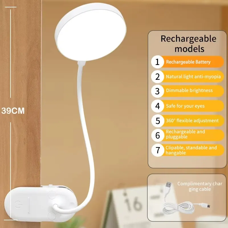 Lampe de table LED portable à pince, rechargeable par USB, avec 3 modes de luminosité et commande tactile, idéale pour la lecture au lit et la protection des yeux 8