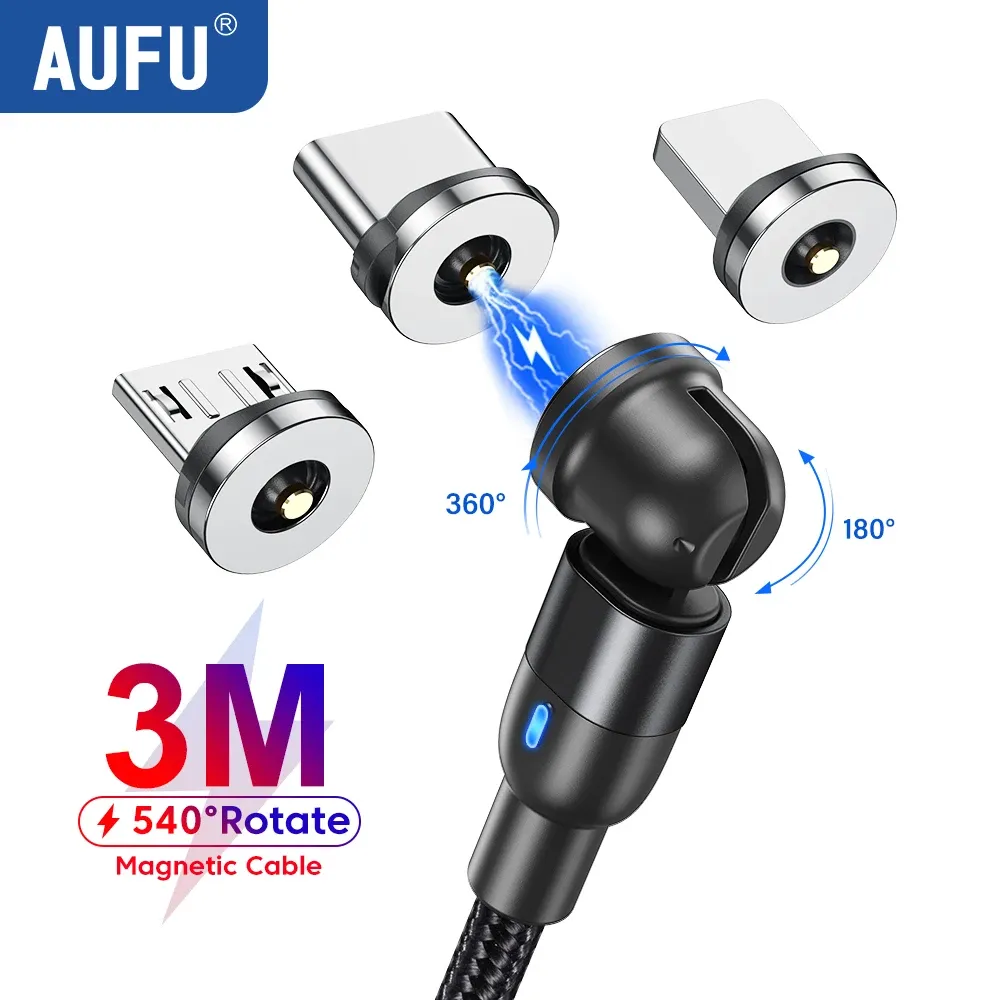 AUFU Câble de charge magnétique 3 en 1 rotatif à 540°, USB-C, Micro USB et Lightning, compatible iPhone, Xiaomi, Samsung et Huawei