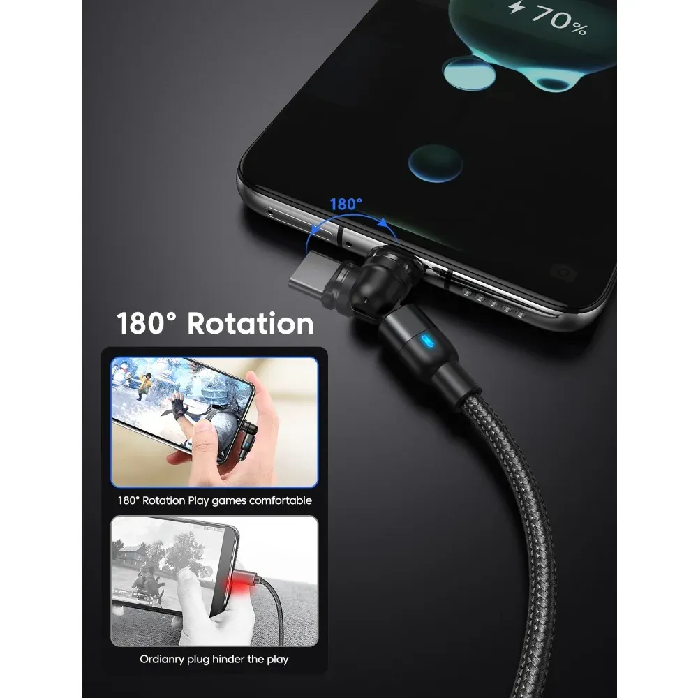 AUFU Câble de charge magnétique 3 en 1 rotatif à 540°, USB-C, Micro USB et Lightning, compatible iPhone, Xiaomi, Samsung et Huawei 4