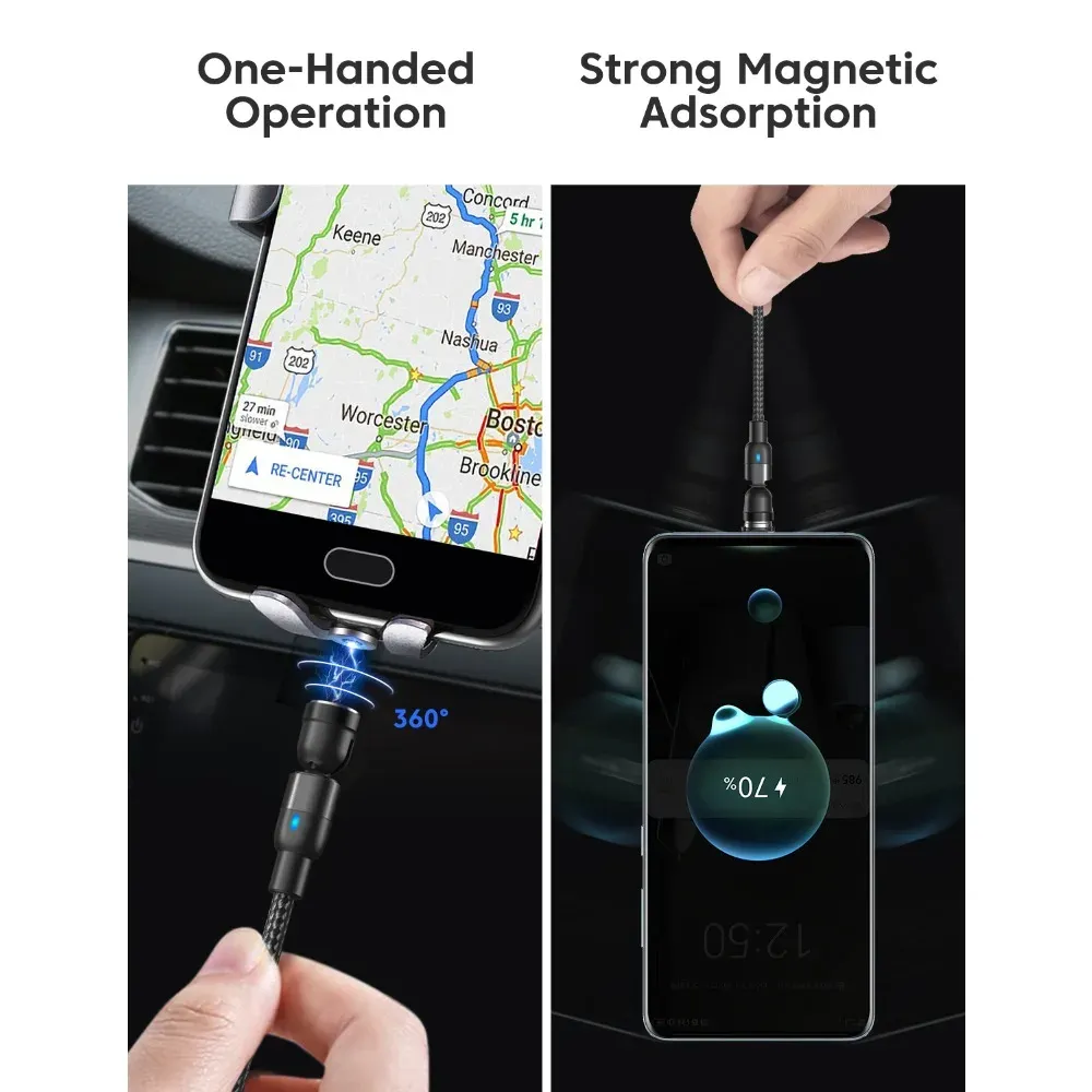 AUFU Câble de charge magnétique 3 en 1 rotatif à 540°, USB-C, Micro USB et Lightning, compatible iPhone, Xiaomi, Samsung et Huawei 5