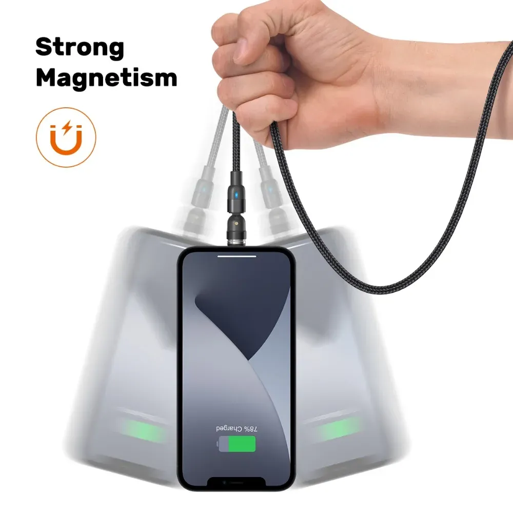 AUFU Câble de charge magnétique 3 en 1 rotatif à 540°, USB-C, Micro USB et Lightning, compatible iPhone, Xiaomi, Samsung et Huawei 3
