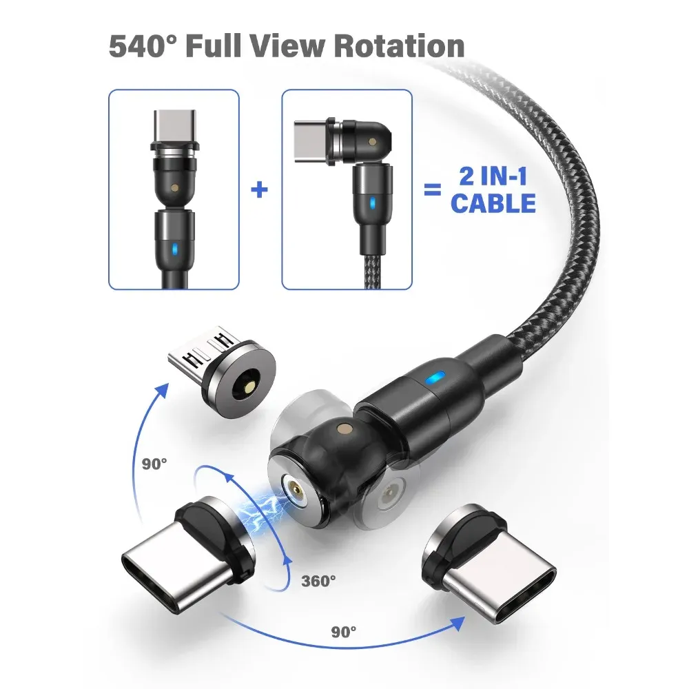 AUFU Câble de charge magnétique 3 en 1 rotatif à 540°, USB-C, Micro USB et Lightning, compatible iPhone, Xiaomi, Samsung et Huawei 2