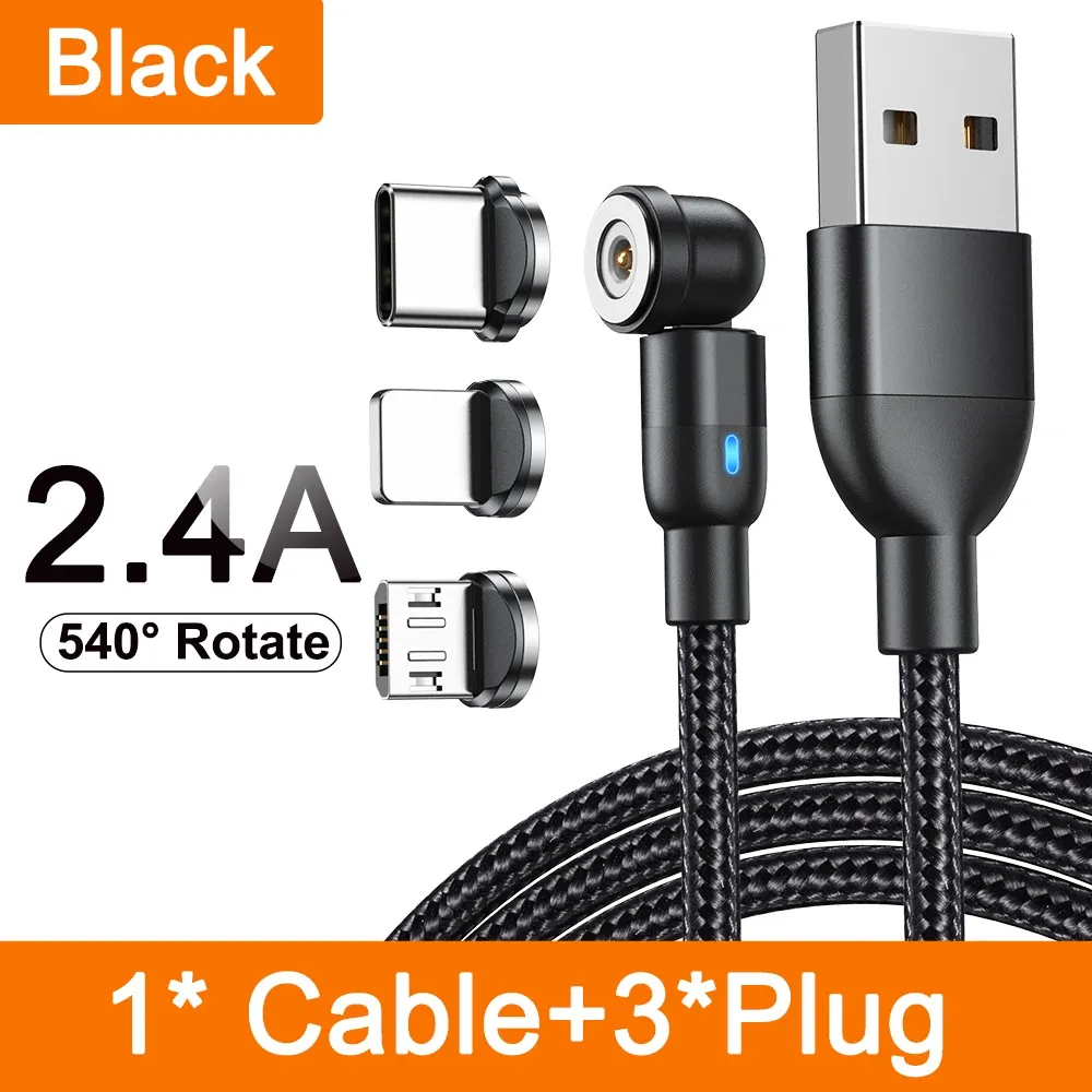 AUFU Câble de charge magnétique 3 en 1 rotatif à 540°, USB-C, Micro USB et Lightning, compatible iPhone, Xiaomi, Samsung et Huawei 15