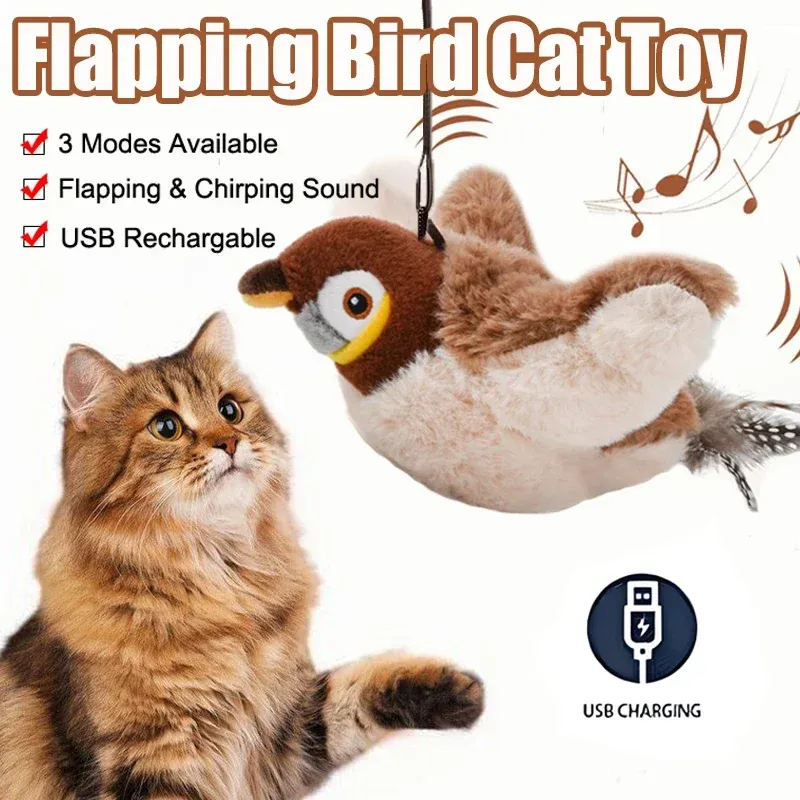 Jouet interactif pour chat en peluche, oiseau battant avec herbe à chat, rechargeable, activation tactile 2