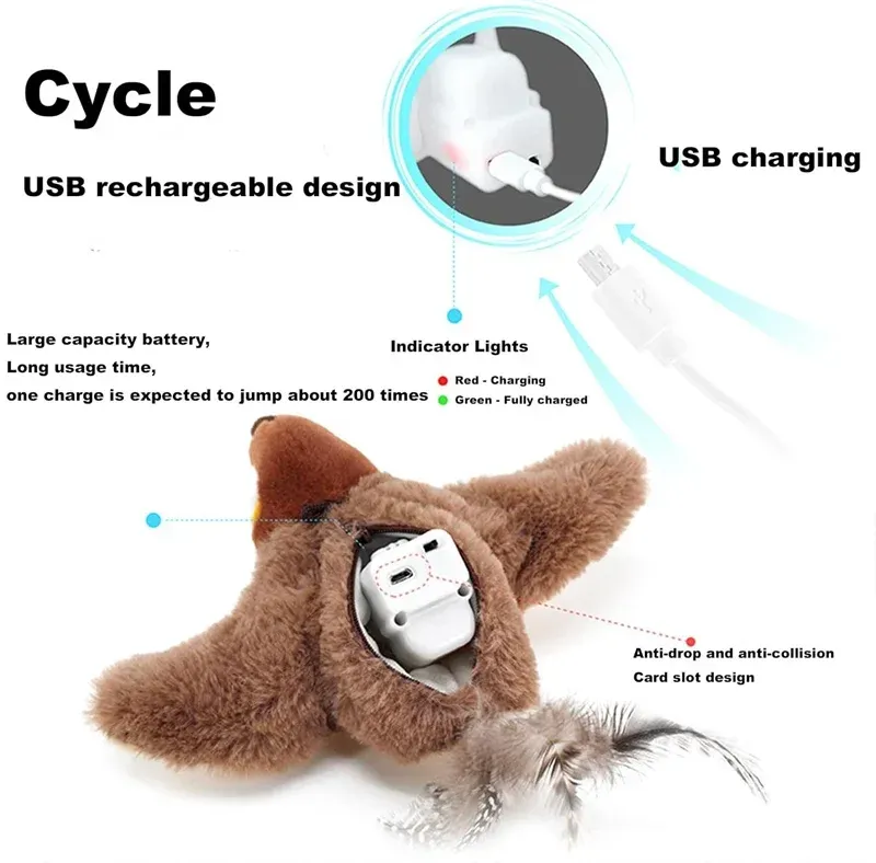 Jouet interactif pour chat en peluche, oiseau battant avec herbe à chat, rechargeable, activation tactile 5