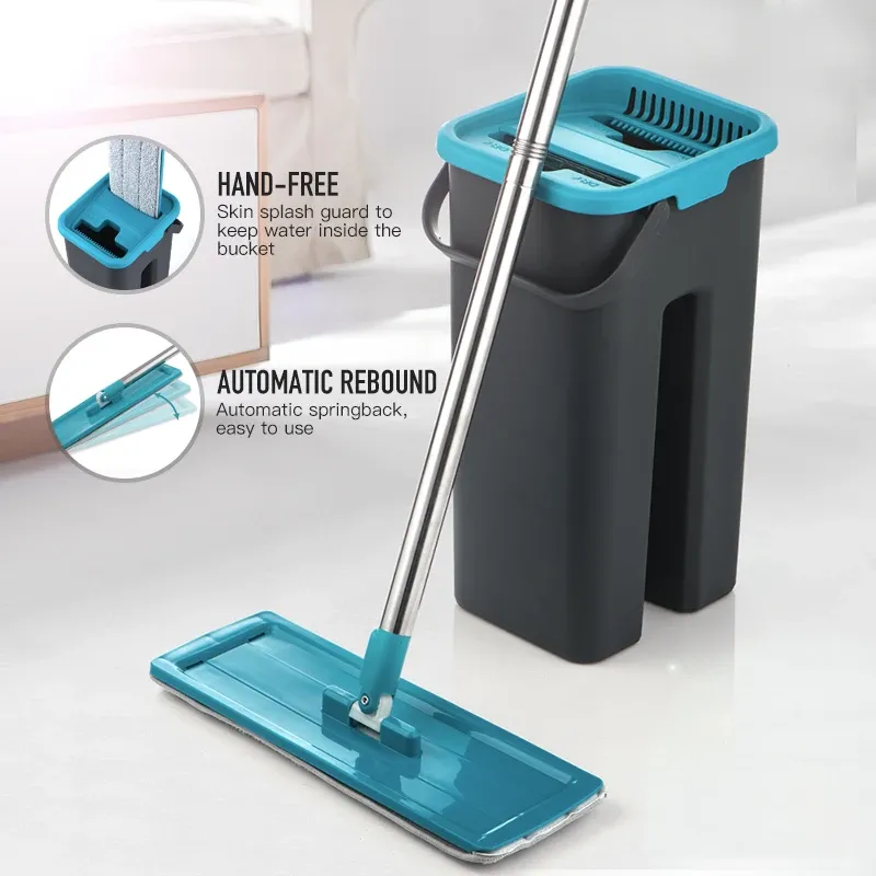 Vadrouille plate à presser avec seau rotatif et essorage mains libres, tampons microfibre pour bois dur et stratifié 3