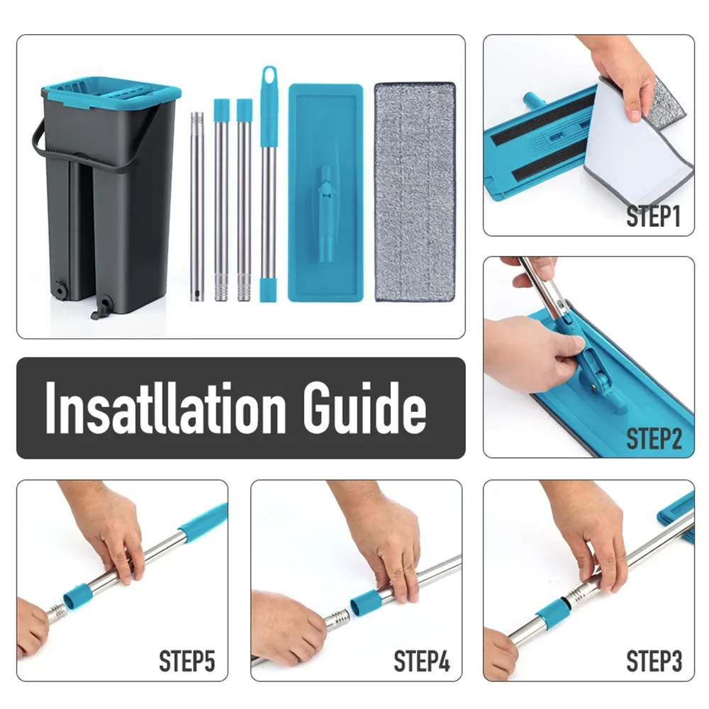Vadrouille plate à presser avec seau rotatif et essorage mains libres, tampons microfibre pour bois dur et stratifié 5